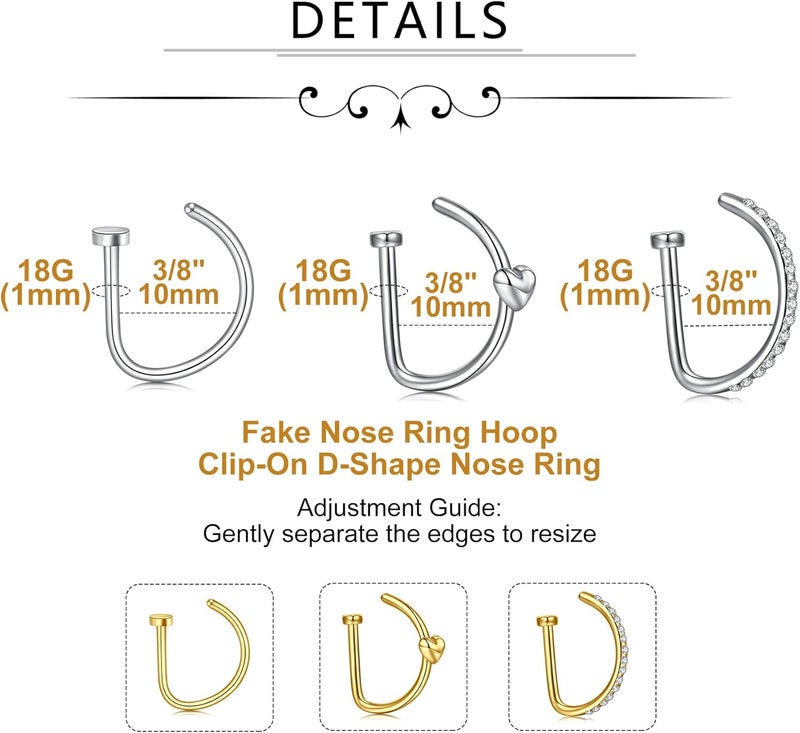 MODRSA Fake Nose Ring Hoop D Shape Fake Septum Piercing Non Pierced Septum Ring Clip on Lip Rings Faux Earring Stud for Men Faux Lip Piercings Jewelry for Women Halloween Jewelry - Image 1